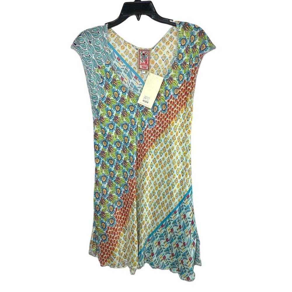 Johnny Was Patchwork Artsy Floral Geometric Long Tunic Top Blouse Medium New